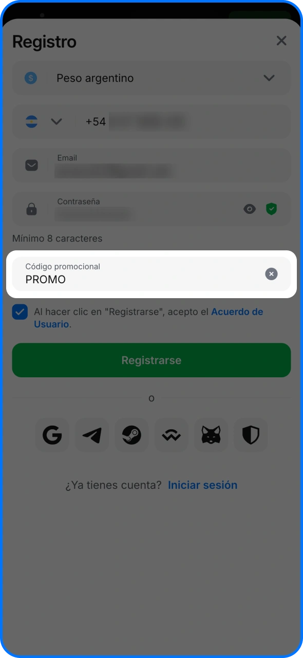Introduce el código promocional en el campo especial de 1win.